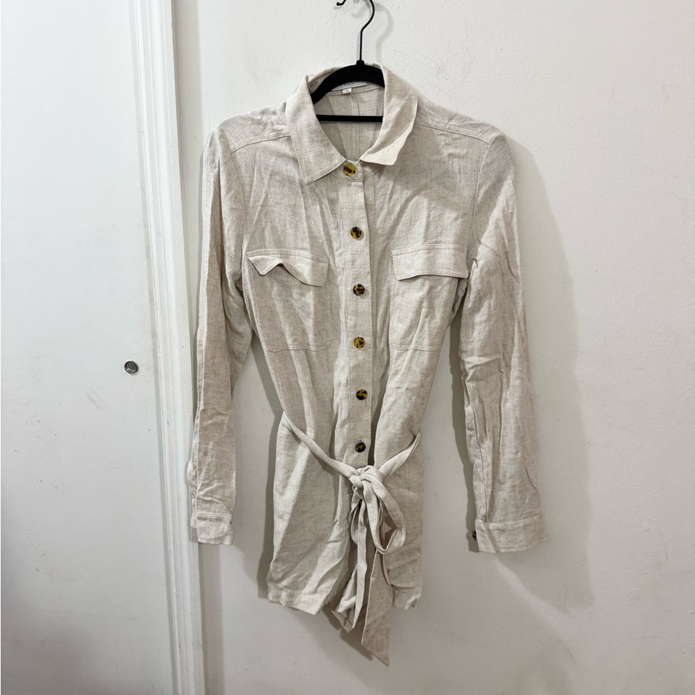 Willow Long Sleeve Button Down Romper, Linen, Tan, size XS